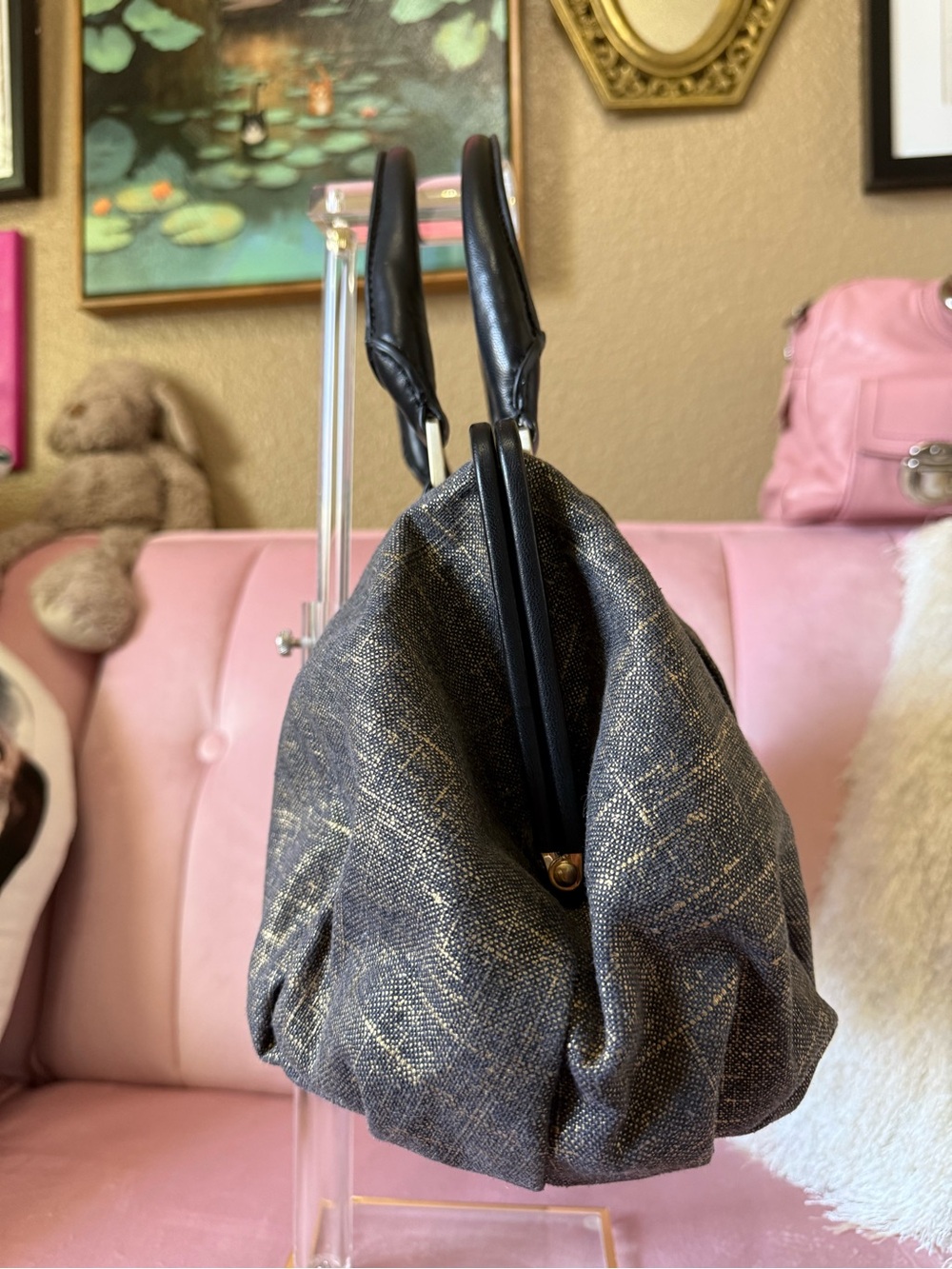 Halston Heritage Brushed Denim/Gold Doctors Bag w Leather Trim & Gold Hardware - Picture 5 of 16